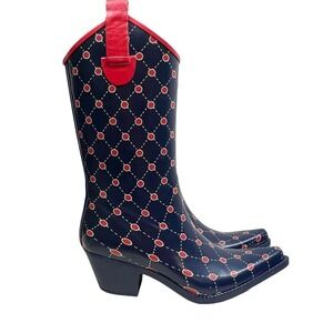 Stadium Stomper Rain Boots Pull Up Pointed Toe Polka Dots Blue Red‎ Women Size 7